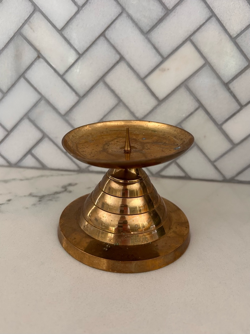 Vtg Brass Tiered Candle Holder with Center Spike